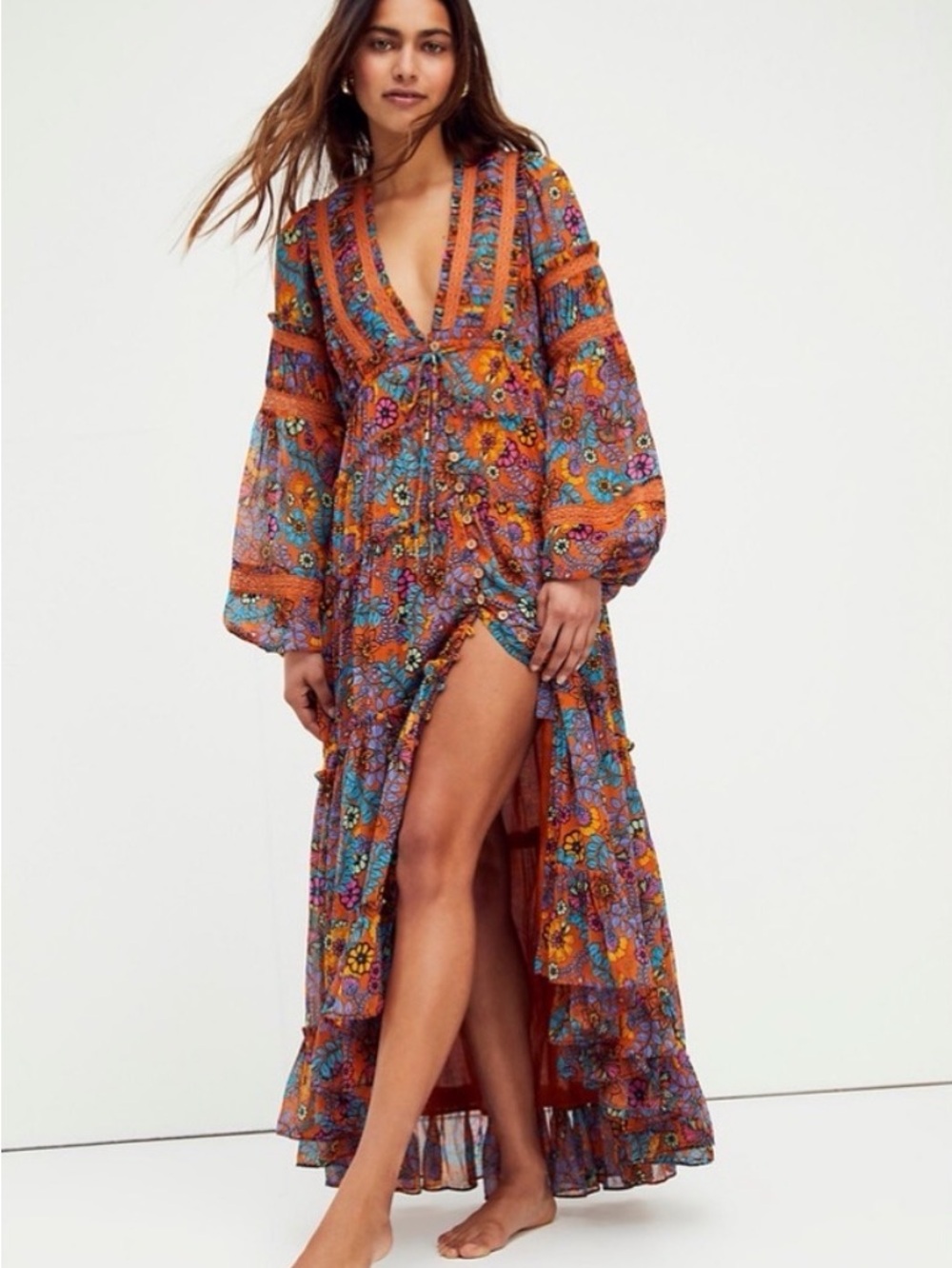 Free People Cassis Dress - Rust Floral V-Neck Maxi Dress with High Slit